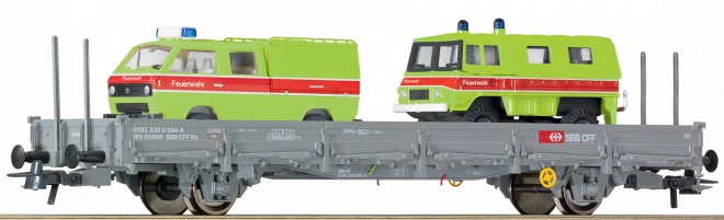 Flat car with 2 Fire fighting vehicles<br /><a href='images/pictures/Roco/179136.jpg' target='_blank'>Full size image</a>